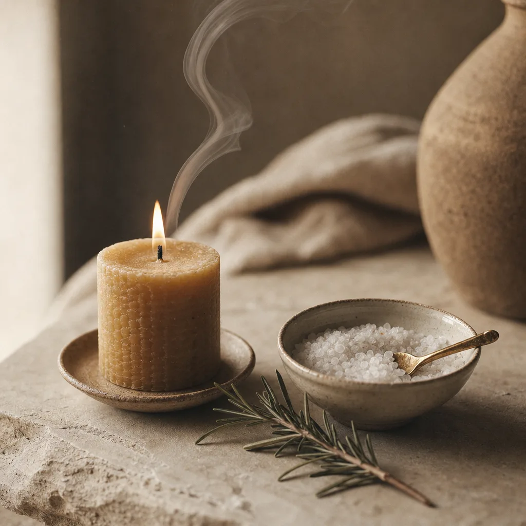 A newly lit beeswax candle beside a small bowl of sea salt and a sprig of rosemary